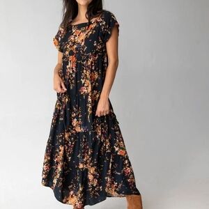 NATURAL LIFE Floral Black and Orange Maxi Dress